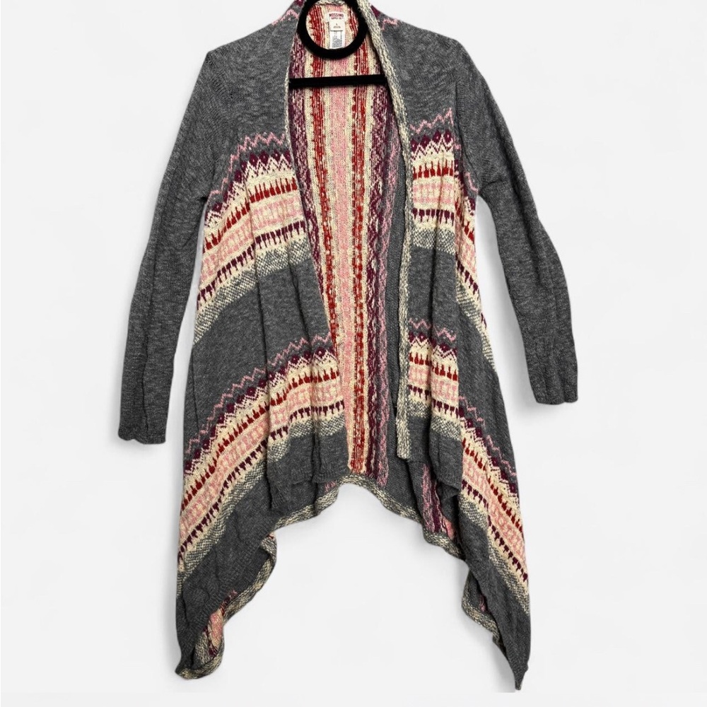 Mossimo Aztec Tribal Geometric Gray Pink Duster Asymmetrical Cardigan‎ Sweater L